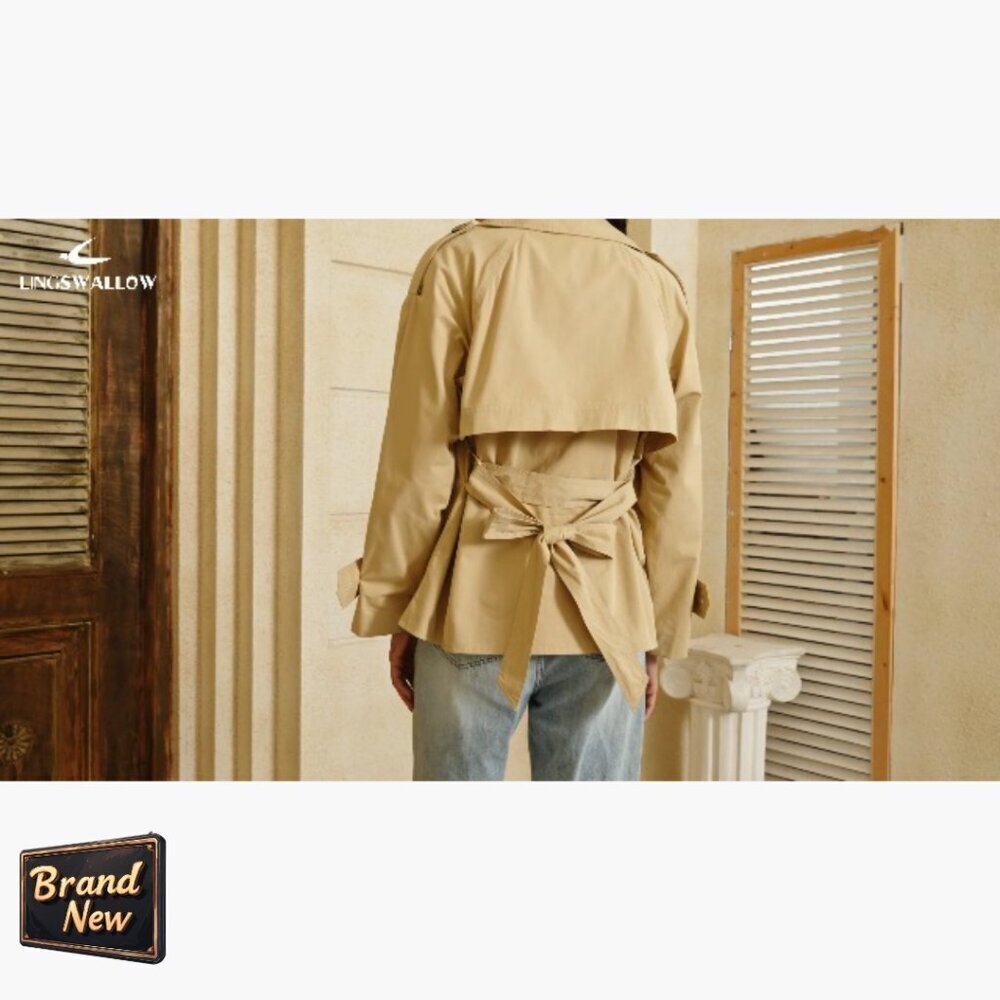 Cropped Trench Coat Women's Double Breasted Belted Jacket Cotton Mid-Length - Picture 7 of 7